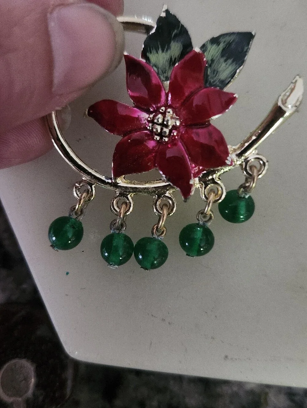 Gold-Tone Pink Flower and Green Bead Women's Brooch